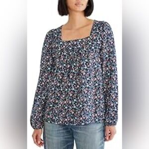 Lucky Brand|Navy ditsy floral long sleeve cotton blouse with wide sleeves•Square